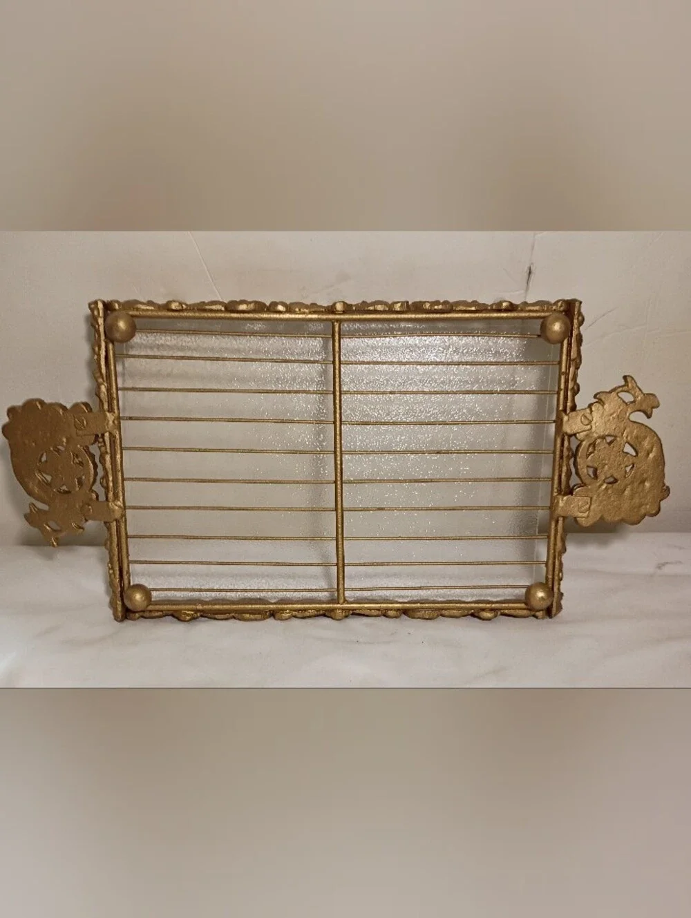 Vtg '60s Hollywood Regency Jeweled Peacock Vanity Tray & Letter Holder Set Gold